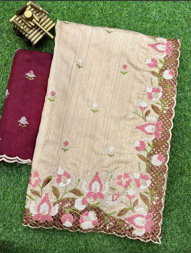 Women's Beautiful Thread and Embroidered Cut Work Saree - Image 2