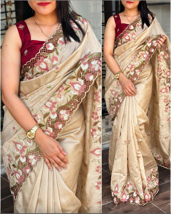 Women's Beautiful Thread and Embroidered Cut Work Saree - Image 3